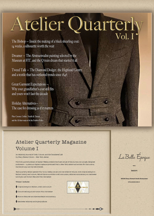 Atelier Quarterly Magazine Volume I issue cover and interior page layout, featuring a sepia-toned jacket photo on the cover with gold title text and beige interior pages with printed text and a logo.
