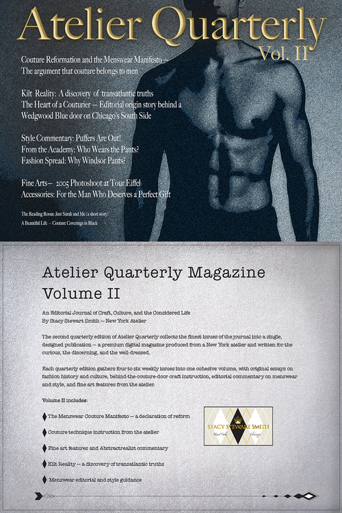 Front cover of Atelier Quarterly Magazine Volume II, featuring a grayscale photo of a shirtless male model wearing a jacket, with large gold title text at the top and article teasers below on a light gray background with  TOC.