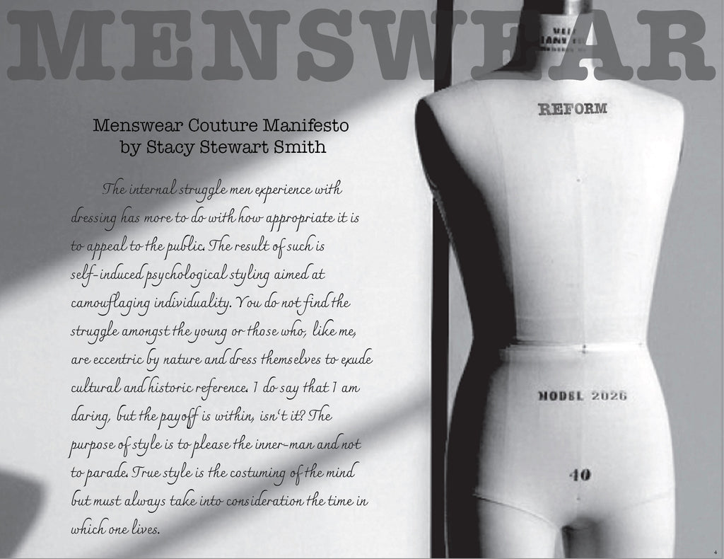 A black-and-white book or magazine cover featuring the title 'MENSWEAR' in large letters, a manifesto text excerpt by Stacy Stewart Smith, and a vintage-style dress form mannequin on the right side.