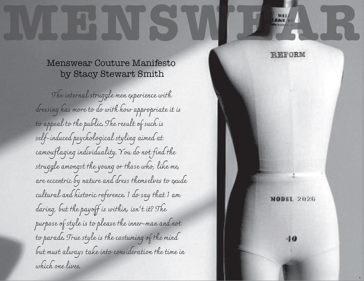A black-and-white book or magazine cover featuring the title 'MENSWEAR' in large letters, a manifesto text excerpt by Stacy Stewart Smith, and a vintage-style dress form mannequin on the right side.