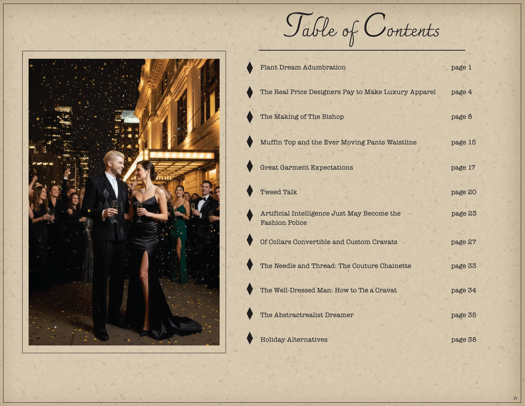 A vintage-style printed table of contents page with a beige parchment background, black script title at the top right, a black-and-white event photograph on the left, and a black bullet-point list of contents on the right.