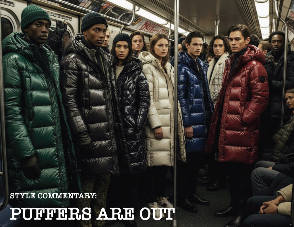 A group of fashion models wearing long puffer coats in a subway train car. Visible coat colors include green, black, white, blue, and red.