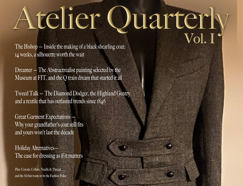 A book or magazine cover titled "Atelier Quarterly Vol. I" featuring a close-up of a textured brown tweed double-breasted jacket on a black mannequin against a warm beige background, with white article text listed on the left.
