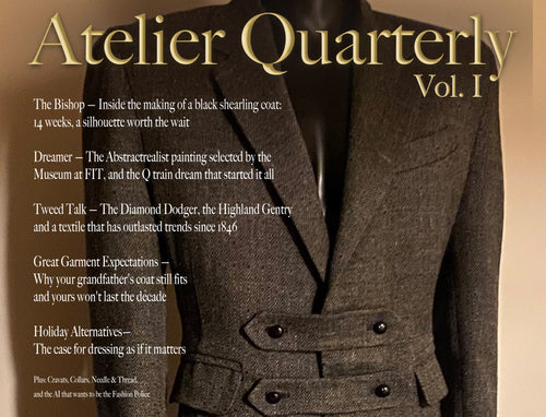 A book or magazine cover titled "Atelier Quarterly Vol. I" featuring a close-up of a textured brown tweed double-breasted jacket on a black mannequin against a warm beige background, with white article text listed on the left.